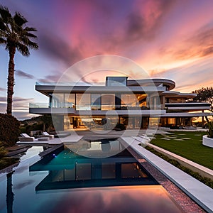 a large glass windowed house sits in the foreground of this pool