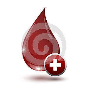 Large glossy red drop of blood with medical sign