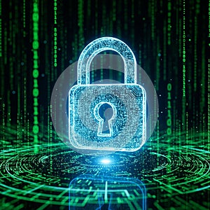 A large, glowing digital padlock surrounded by binary code and circuit patterns
