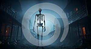 A large, glowing-eyed skeleton stands in a misty, dimly lit scene. Two rows of photo