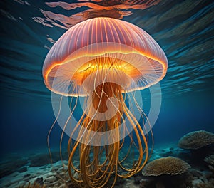 A large glowing jellyfish in the ocean.