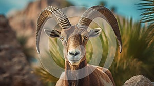 Large goat or mountain sheep standing in front of some rocks. The animal has long curved horns and appears to be