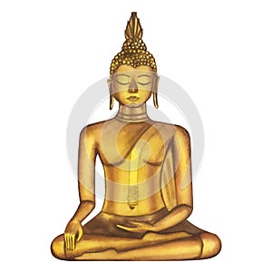 Large golden statue of a seated Buddha. Religious symbol of Asia: Thailand, China. Hand-drawn watercolor illustration