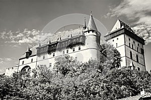 Large gothic castle Karlstejn, travel destination, colorless