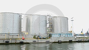 Large grain terminal in port of Gdansk, Polish food industry, view from sea