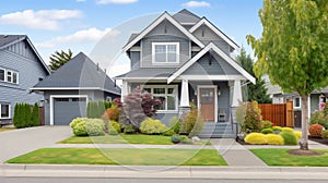 A large gray craftsman new construction house with a landscaped yard leading pathway. generative ai