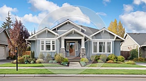 A large gray craftsman new construction house with a landscaped yard leading pathway. generative ai