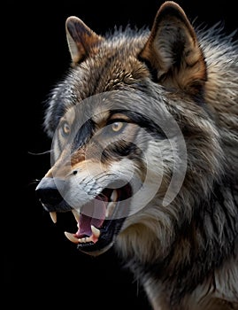 a large gray wolf snarls in a dark room with dark background