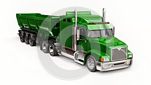 Large green American truck with a trailer type dump truck for transporting bulk cargo on a white background. 3d