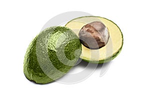 Large green avocado split on a white background
