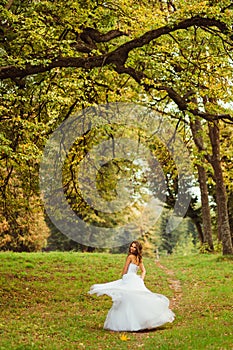 Large green branches hang over the bride whirling on the hill