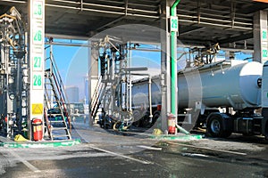 Large green industrial gas station for refueling vehicles, trucks and tanks with fuel, gasoline and diesel in the winter