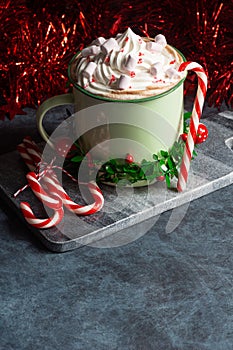 Peppermint Hot Chocolate Cocoa with Whipped Cream and Candy Canes