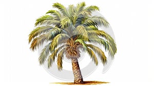 Large, green palm tree with single trunk and several branches. It is standing alone in desert landscape, surrounded by