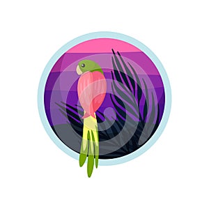 Large green parrot with pink wings. Vector illustration on white background.