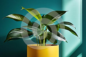 A large green plant is in yellow pot on a blue wall