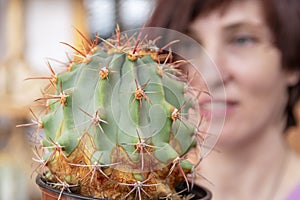 Large green prickly cactus close-up. Against the smiling face beautiful woman