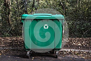 Large green recycle bin on the street of a park