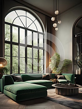 A large green sofa sitting in the living room in the living room in a contemporary style inspired by modern ideas Generative AI