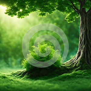 A large green tree, plant, sprout, growing on a hill on green grass against of nature