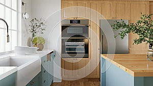 Large green U-shaped kitchen with island, wood countertops and cabinets.