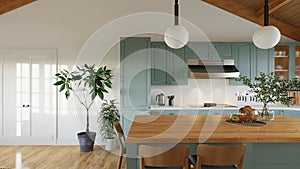 Large green U-shaped kitchen with island, wood countertops and cabinets.