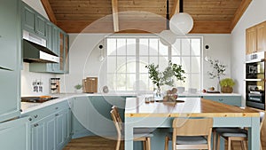 Large green U-shaped kitchen with island, wood countertops and cabinets.