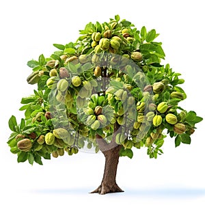 A large green walnut crown of a tree with walnuts isolated on white.