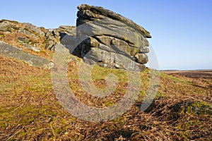 Large Gritstone rock on Stanage Edge known as the Cowper Stone