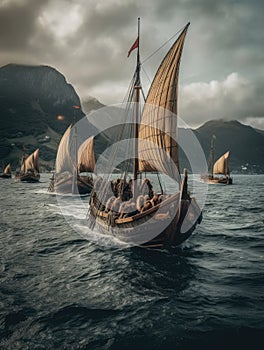 Large group of boats, including several Viking ships, sailing on ocean. These vessels are spread out across scene, with some