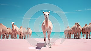 Hyperrealistic Animal Portraits: Pink Beach With Camels In Cinema4d photo