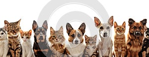 a large group of cats and dogs sitting together against a pristine white background in a panoramic photograph, offering