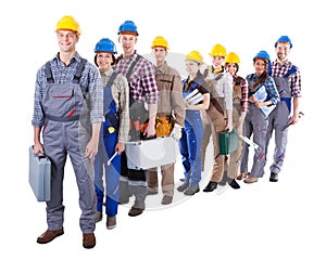 Large group of construction workers queuing up photo