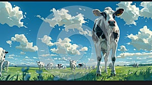A large group of cows standing in a field with clouds behind them, AI