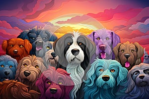 a large group of dogs standing in front of a sunset