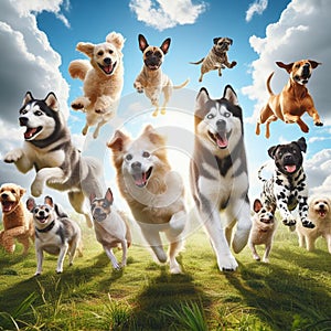 large group of dogs of various breeds running together in a grassy field.