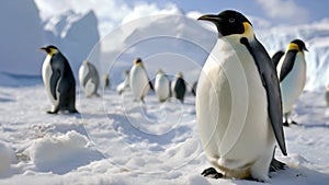 A large group of Emperor Penguins standing upright in the snow, their black and white feathers contrasting against the white