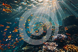 A large group of fish gracefully swim over a vibrant coral reef in a bustling underwater scene, A dreamy underwater landscape