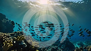 A large group of fish swimming over a coral reef in the ocean with sunlight