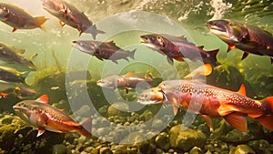 A large group of fish swimming together in the crystal-clear blue water, A cluster of salmon swimming against the current in a