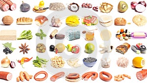 large group of food on white background.
