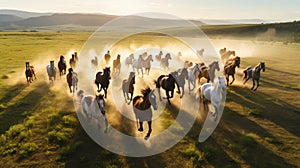 A large group of horses running across a field