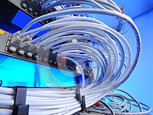 Large group of internet cabling in the data center