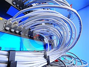 Large group of internet cabling in the data center