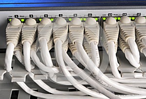 Large group of internet cabling in the data center