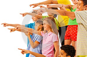 Large group of kids pointing finger side view