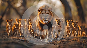 Large Group of Lions Walking Through Forest
