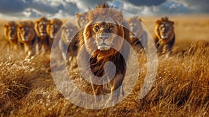 Large Group of Lions Walking Through Forest