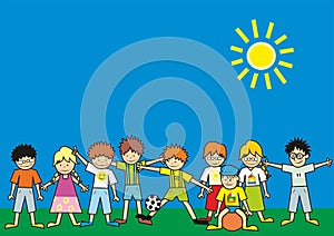 Large group of little children with balls, blue background with sky and sun, template, eps.