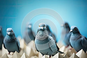 A large group of live pigeons on a paper background